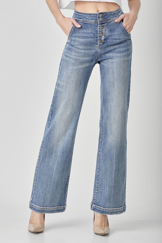Wide Flare Button Jeans