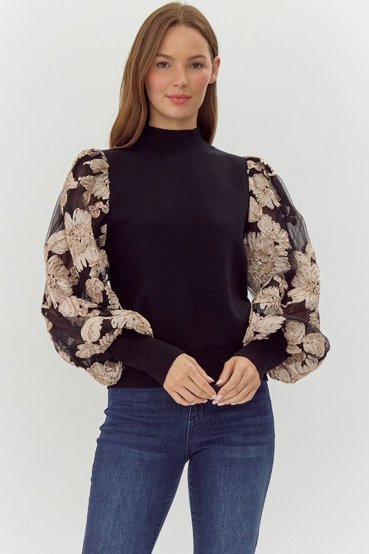 Floral Mesh Sleeve Sweater