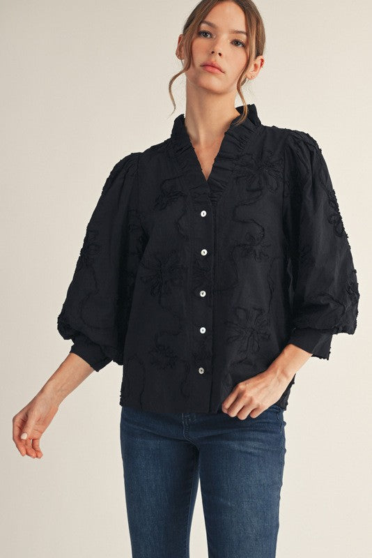 Black 3D Floral Texture Top