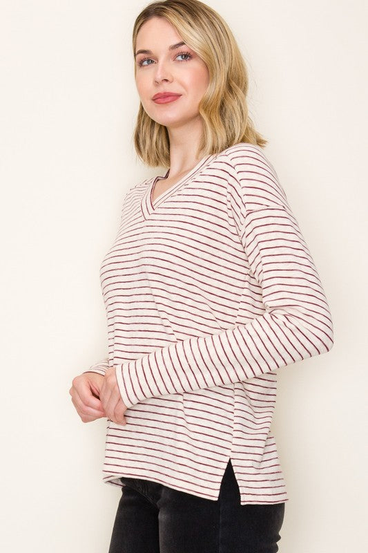 Burgundy Stripe V-Neck