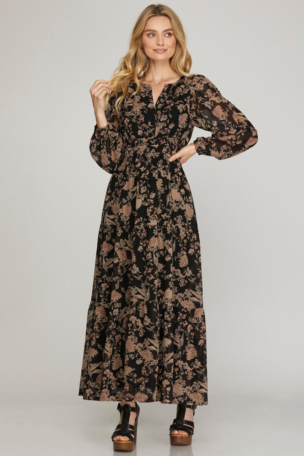 Black/Tan Floral Maxi Dress