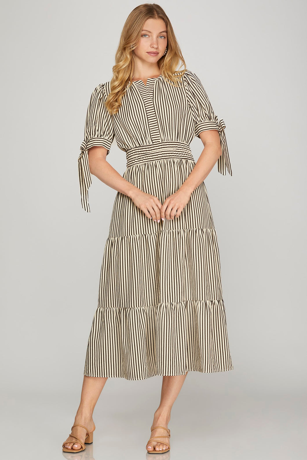Tie Sleeve Black Stripe Dress