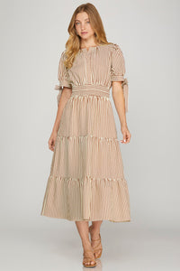 Tie Sleeve Mocha Stripe Dress