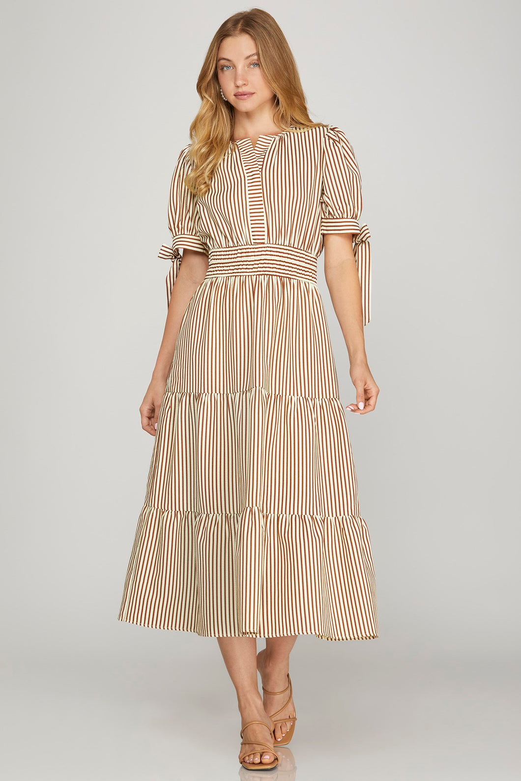 Tie Sleeve Mocha Stripe Dress