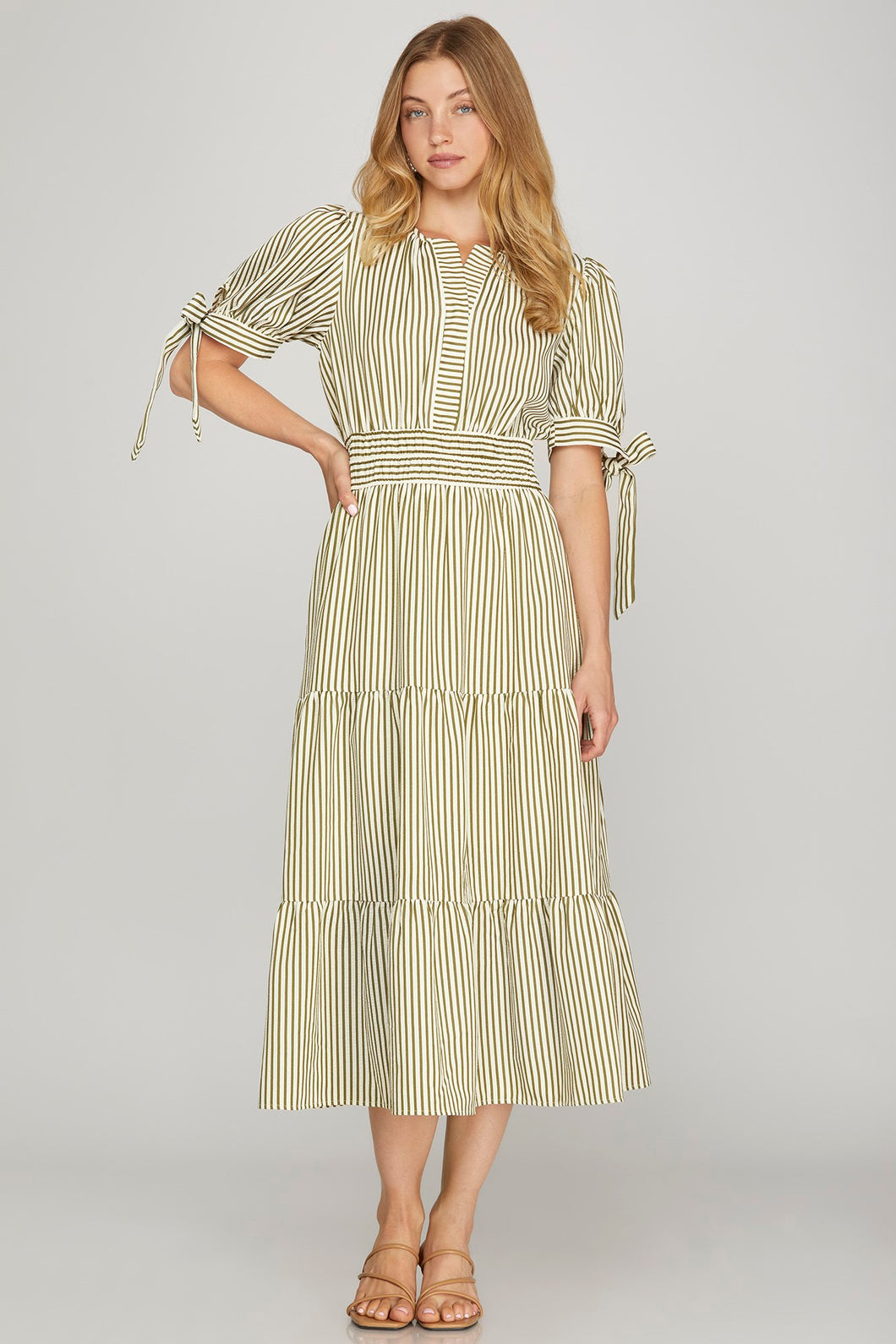 Tie Sleeve Olive Stripe Dress
