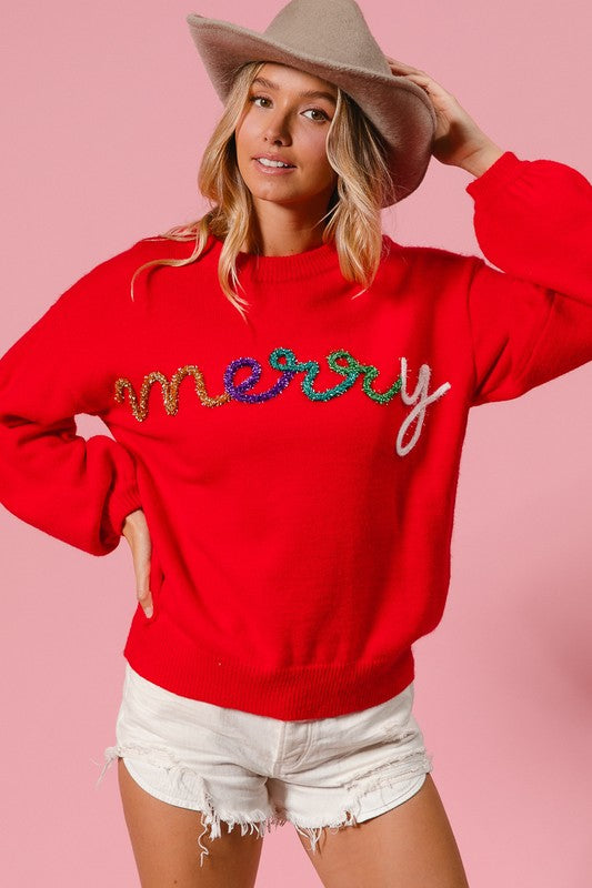 Red Multi Tensil Merry Sweater