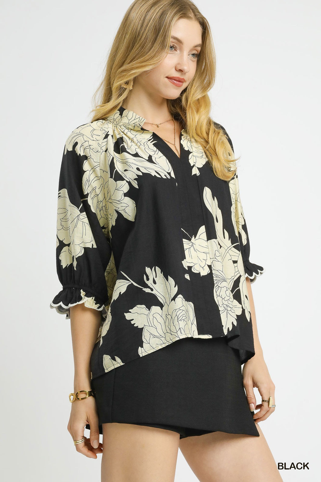 Black Peony Scallop Top