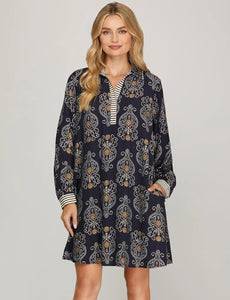 Navy Print Stripe Dress