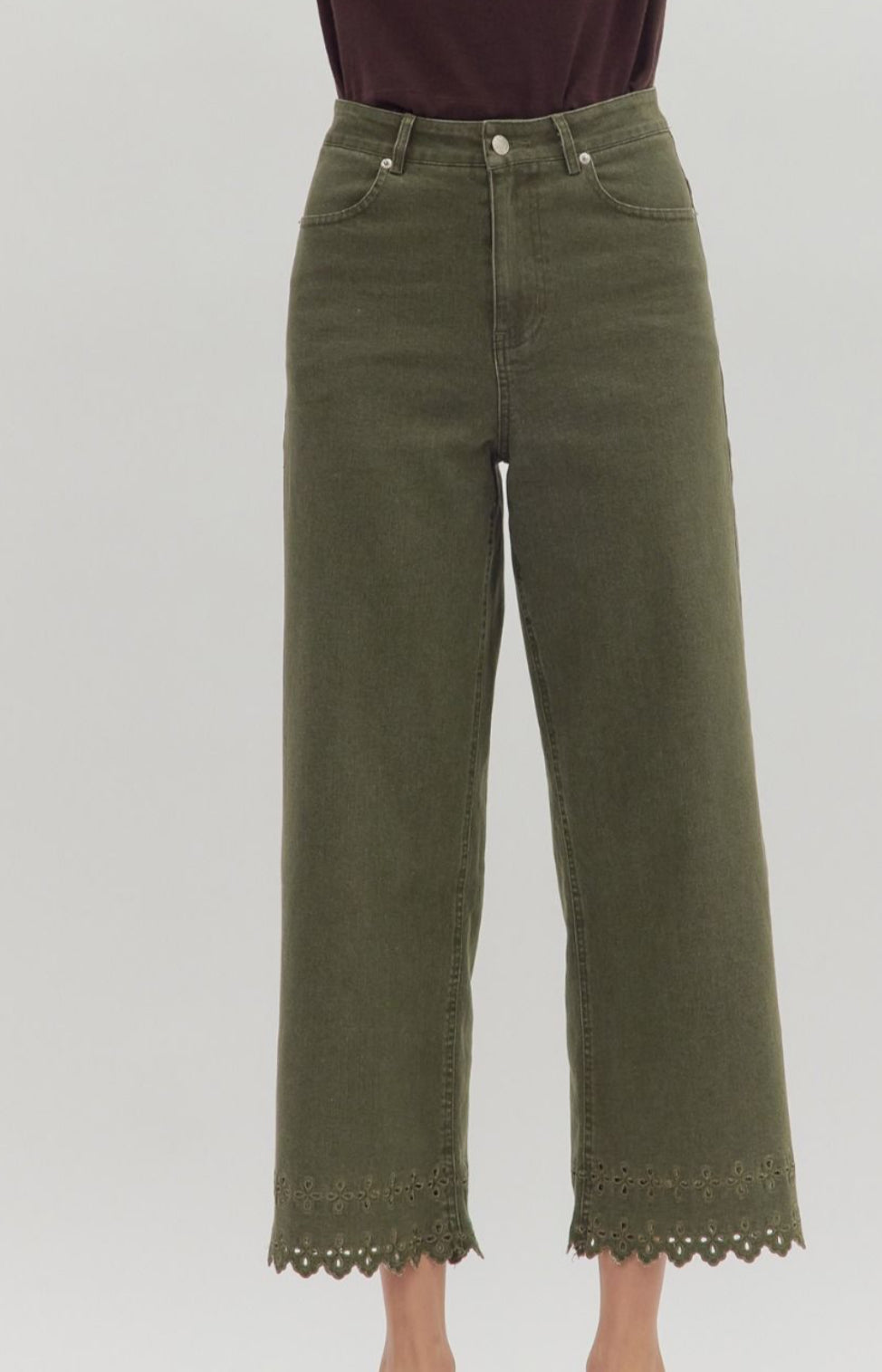 Olive Embroidered Hem Bottoms