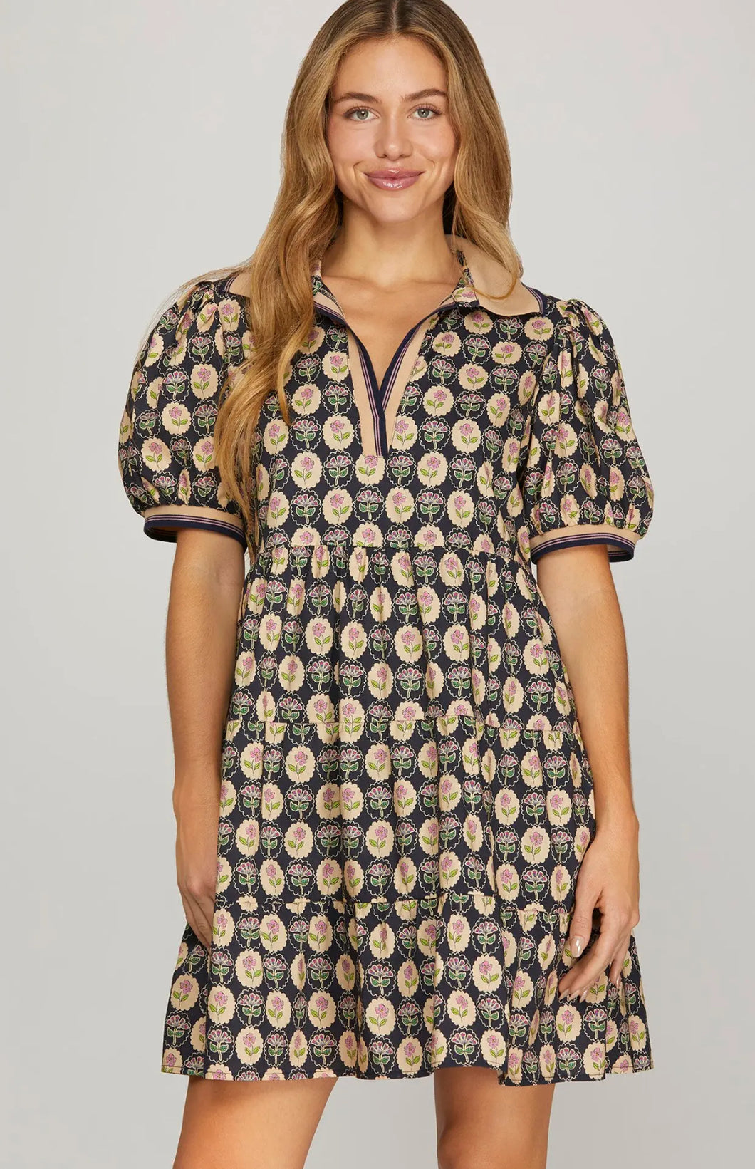 Navy Print Rib Band Dress