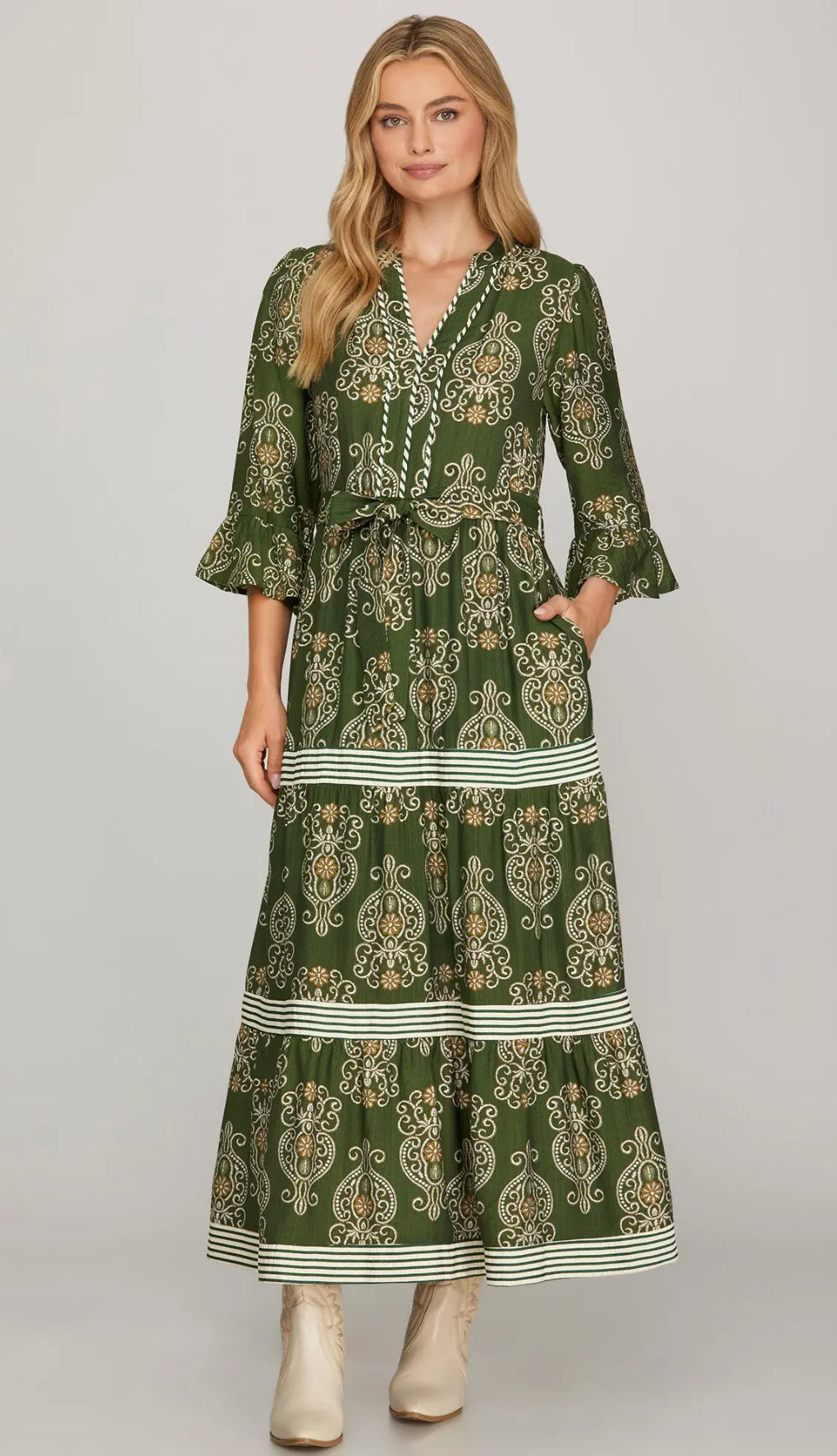 Olive 3/4 Ruffled Sleeve Dress