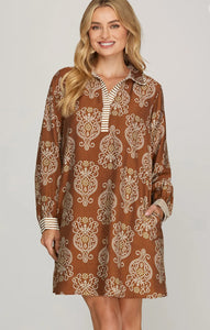 Brown Print Contrast Dress
