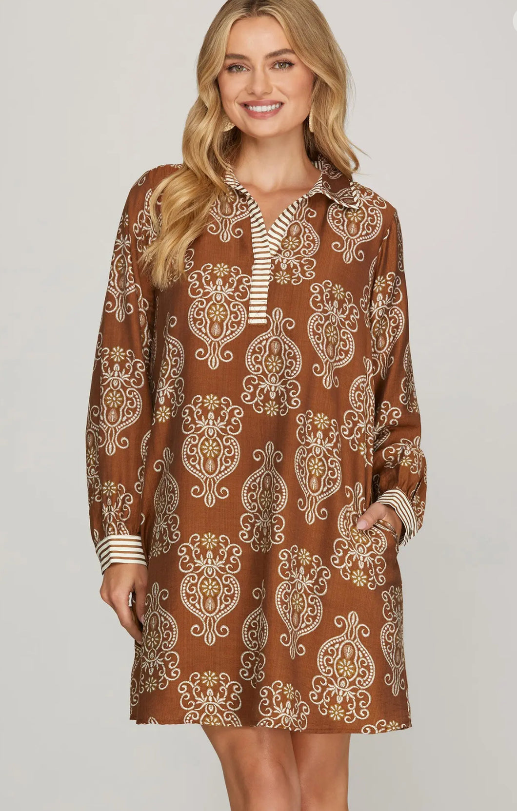 Brown Print Contrast Dress