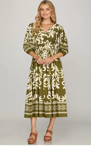 Olive 3/4 Sleeve V-Neck Dress