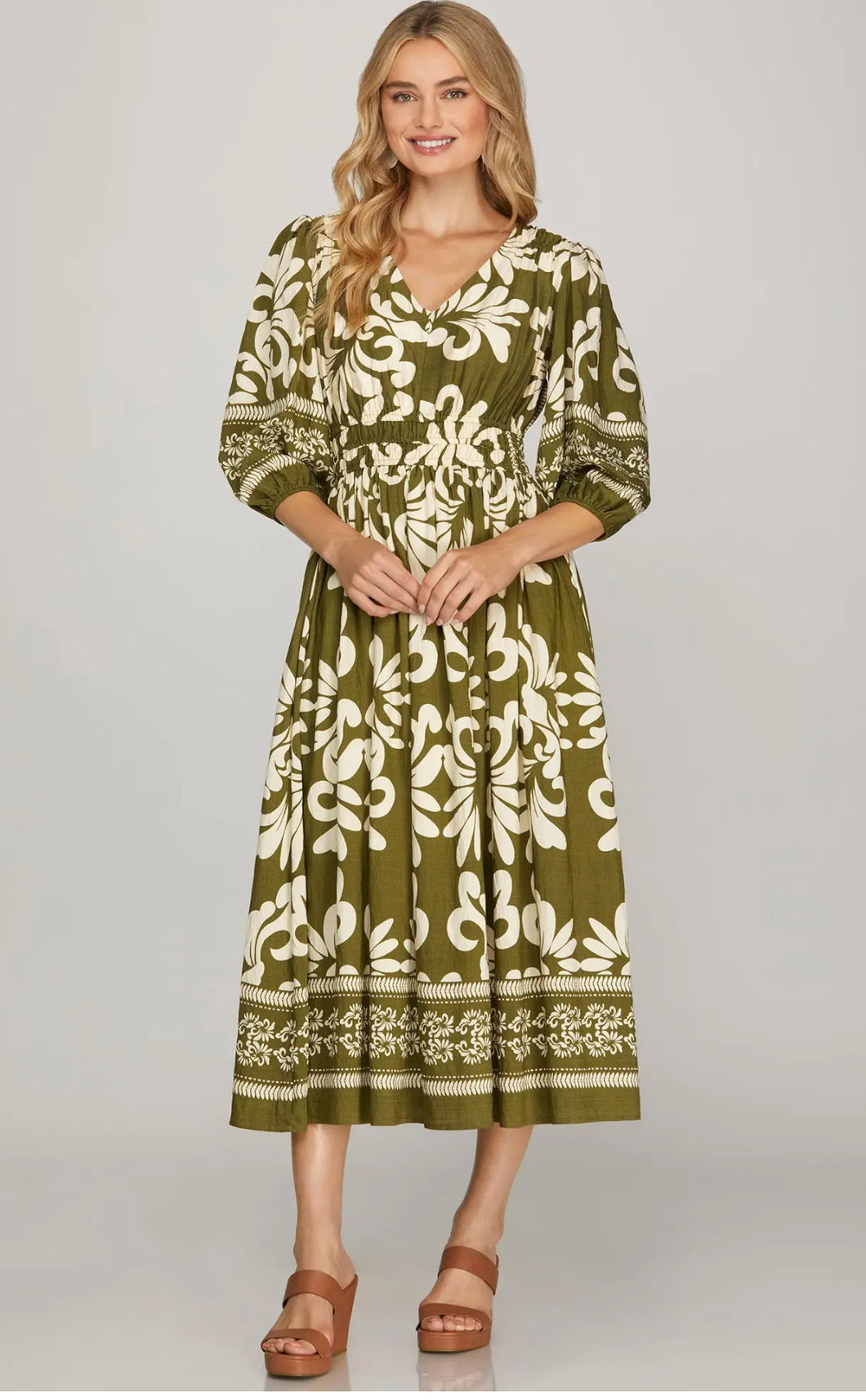 Olive 3/4 Sleeve V-Neck Dress