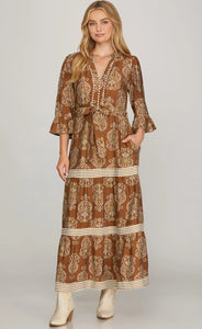 Brown 3/4 Ruffled Sleeve Dress