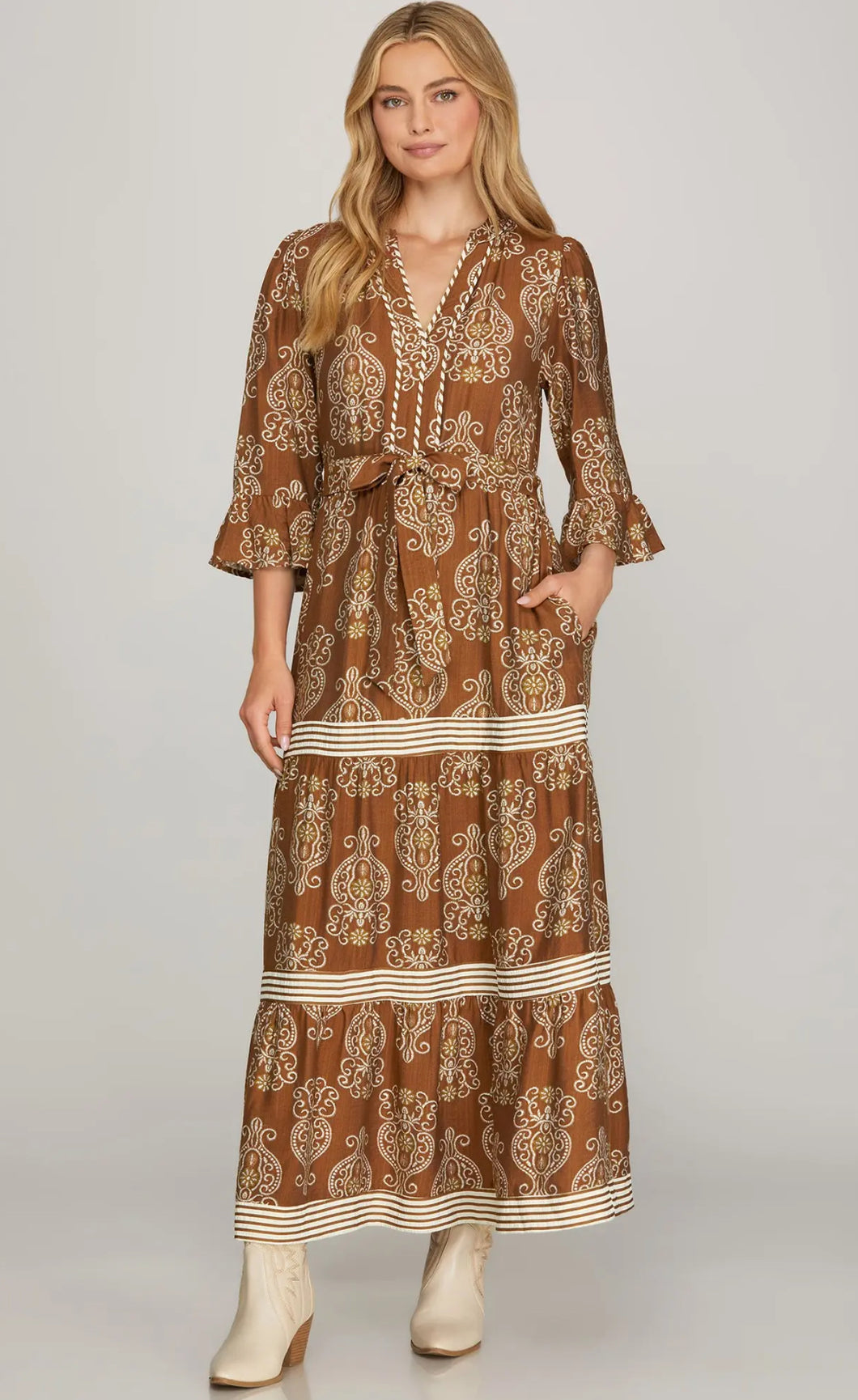 Brown 3/4 Ruffled Sleeve Dress