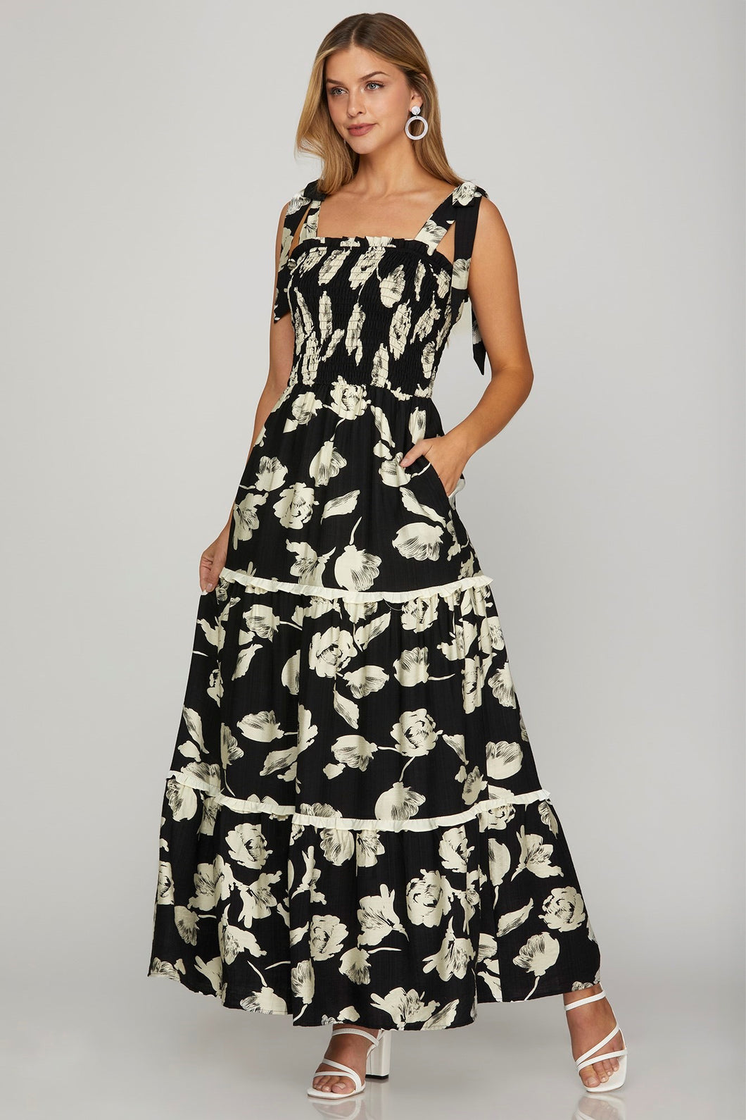Black Floral Shoulder Tie Dress